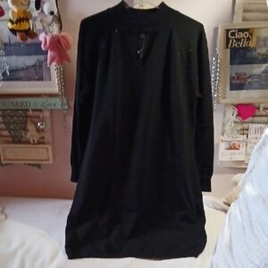 Cable & Gauge Black Long Sleeve V-Neck Detail Design Tunic Dress Bead Accents L
